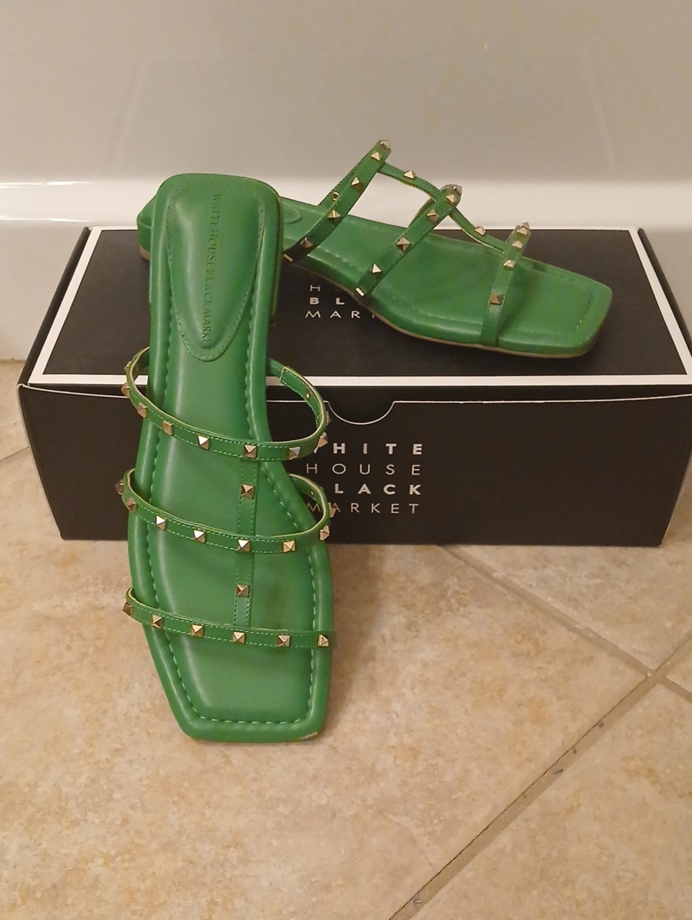 White House Black Market Green Studded Flat Amazon Slide Sandal
